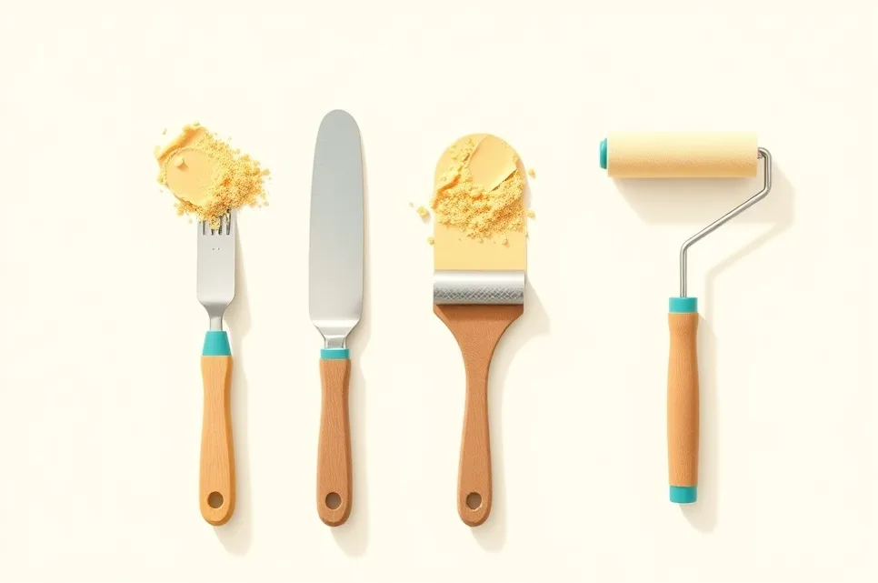 Outils de peinture disposés dans l'ordre des étapes du chantier
