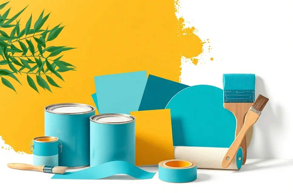 Pots de peinture, nuancier, brosses et rouleaux disposés à plat
