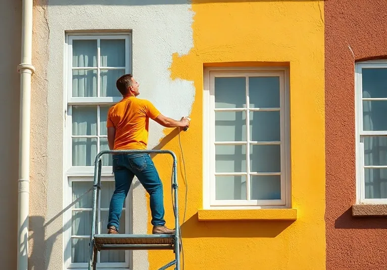 Peintre sur échafaudage traitant la façade d'une maison