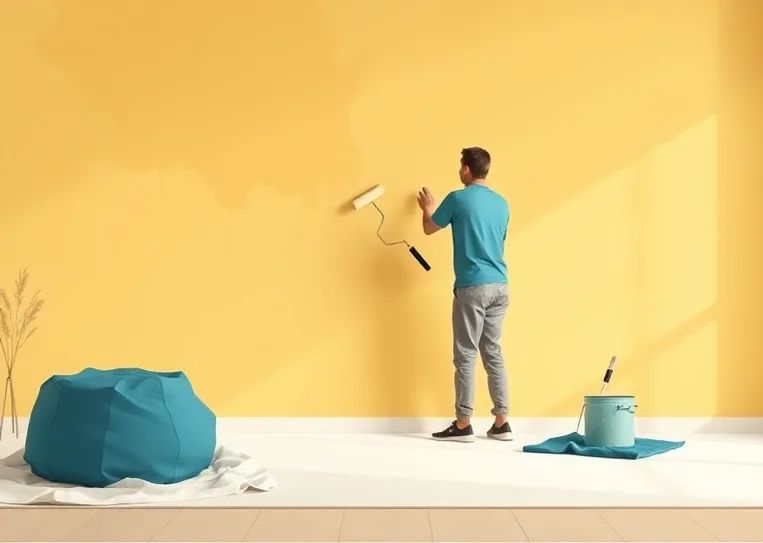 Peintre appliquant la peinture au rouleau sur un mur de salon